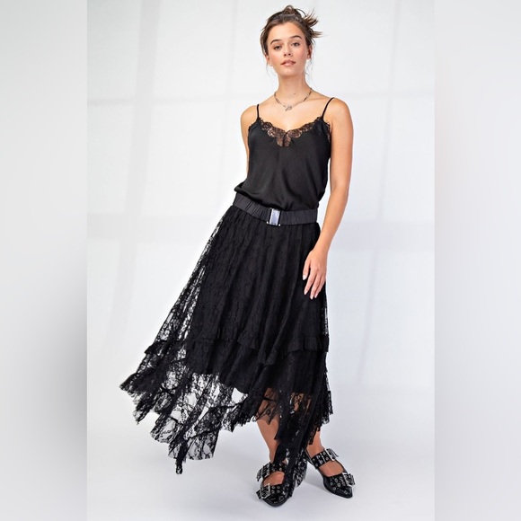 #85  Allover Lace Sharkbite Skirt - Black - Picture 7 of 7